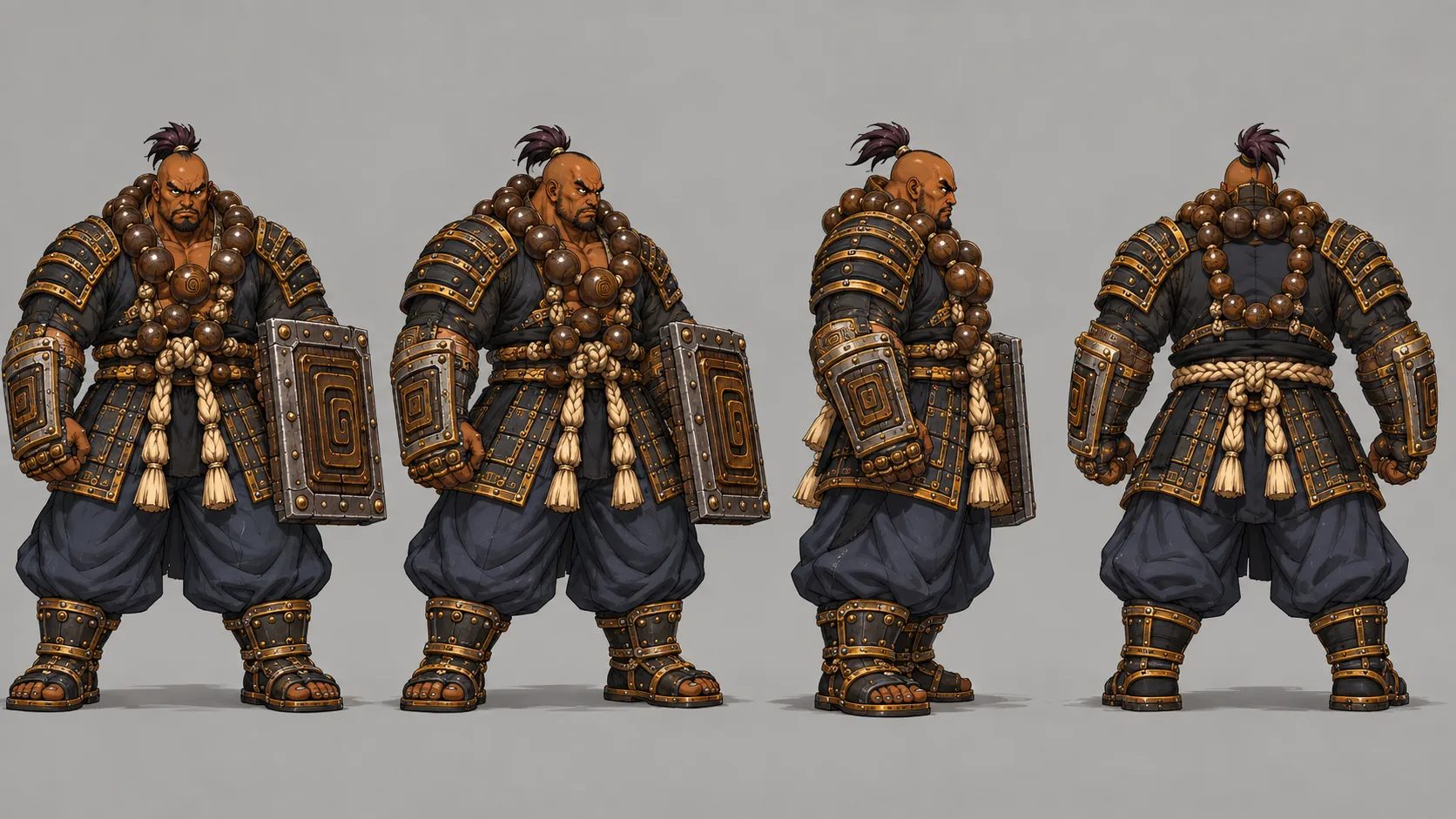 Benkei — vues de face, trois-quarts, profil et dos