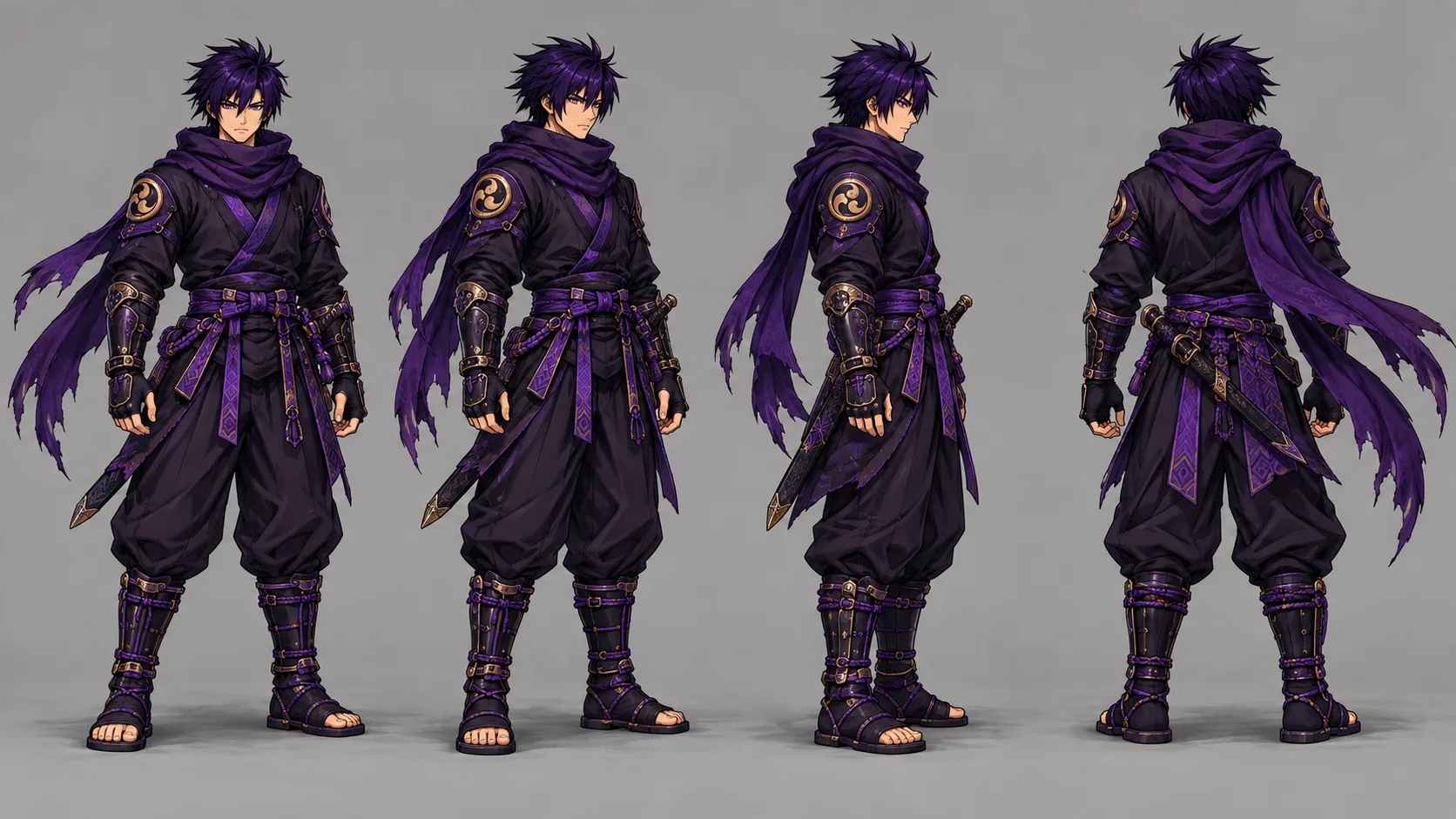 Kuro — vues de face, trois-quarts, profil et dos