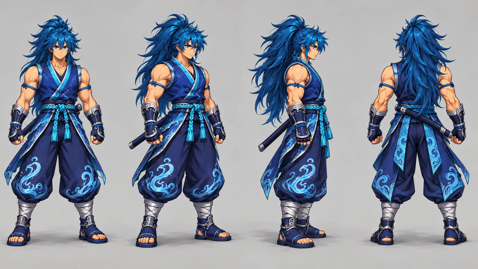 Riku — vues de face, trois-quarts, profil et dos