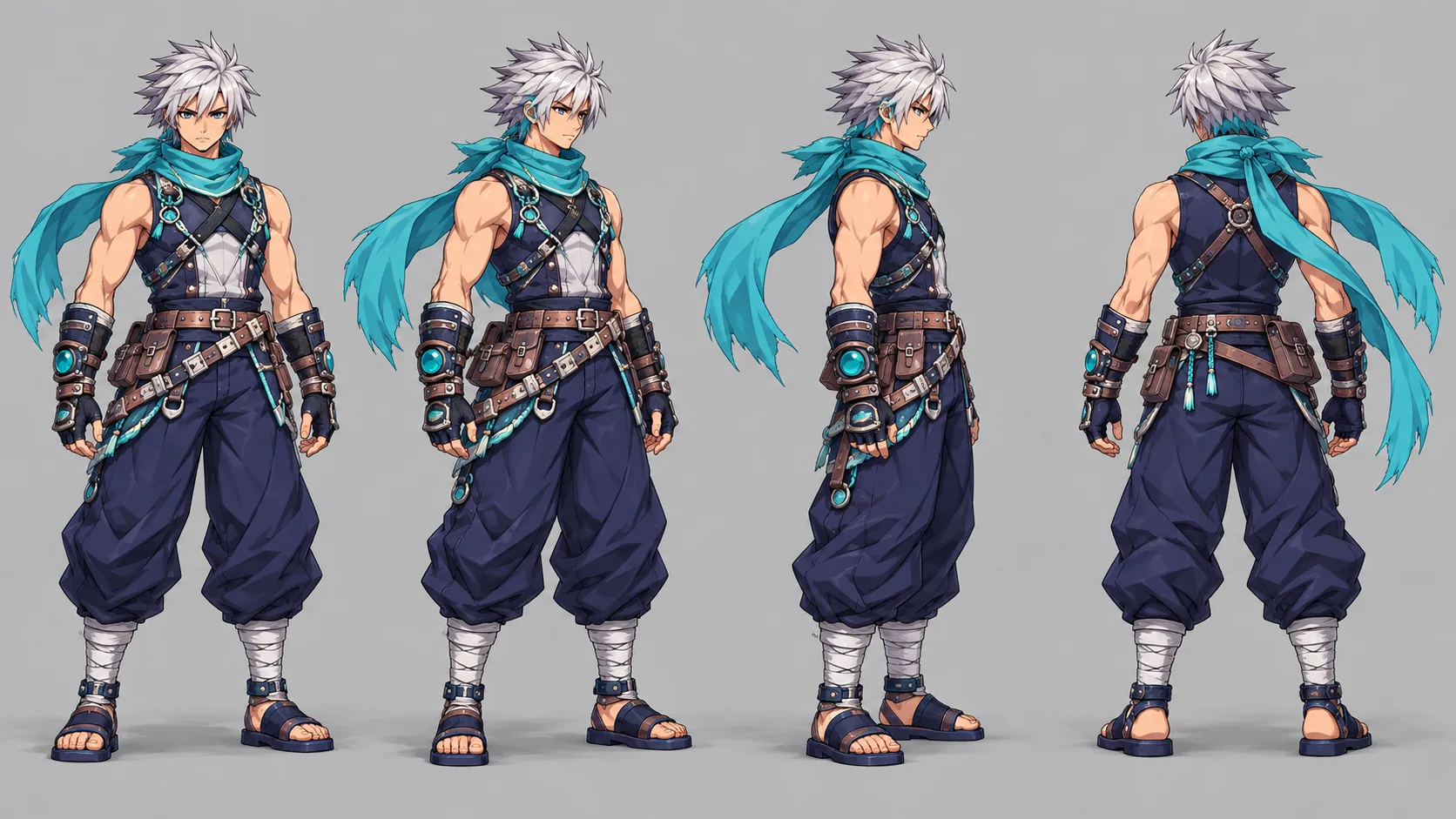 Sora — vues de face, trois-quarts, profil et dos