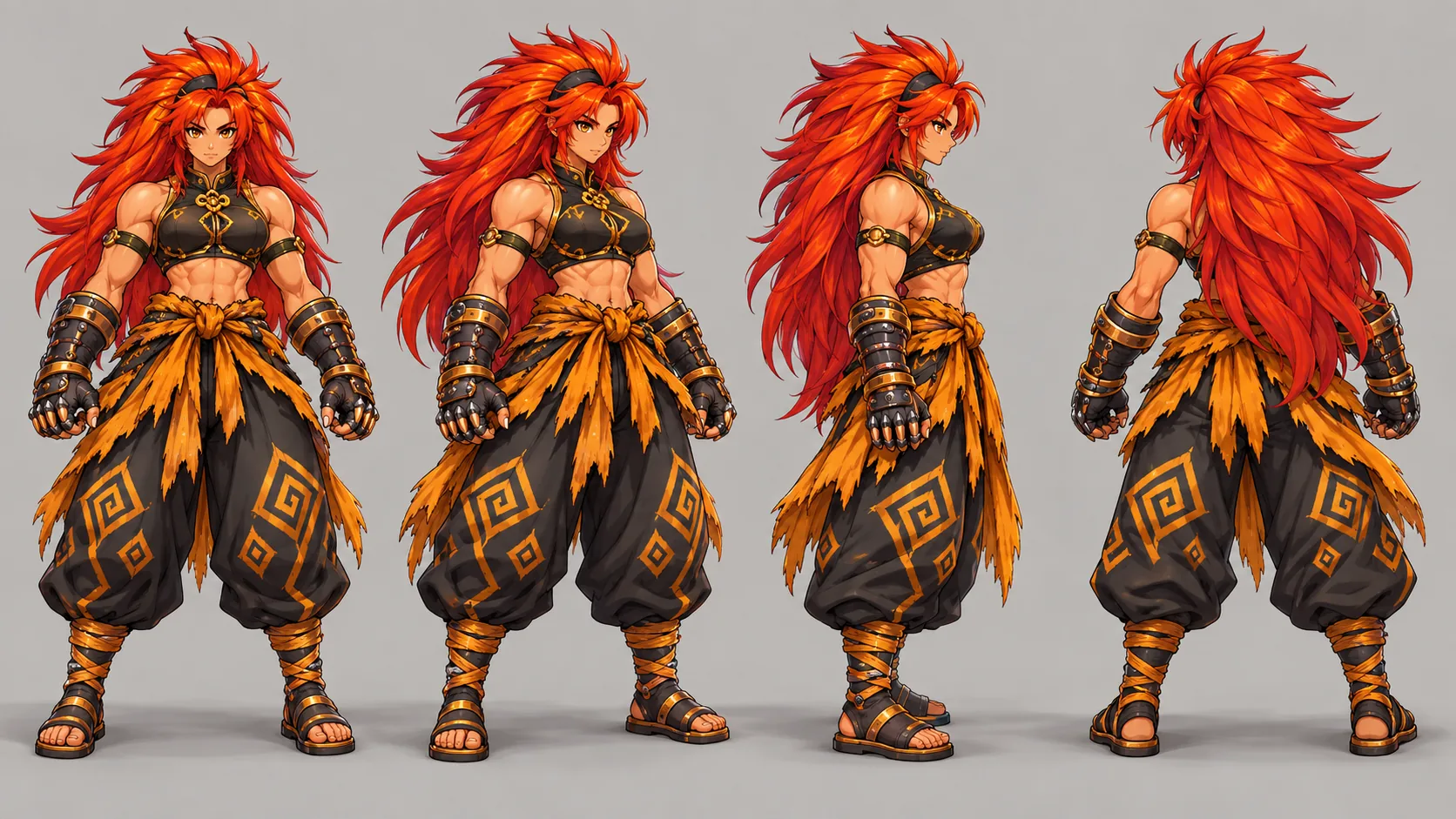 Tora — vues de face, trois-quarts, profil et dos